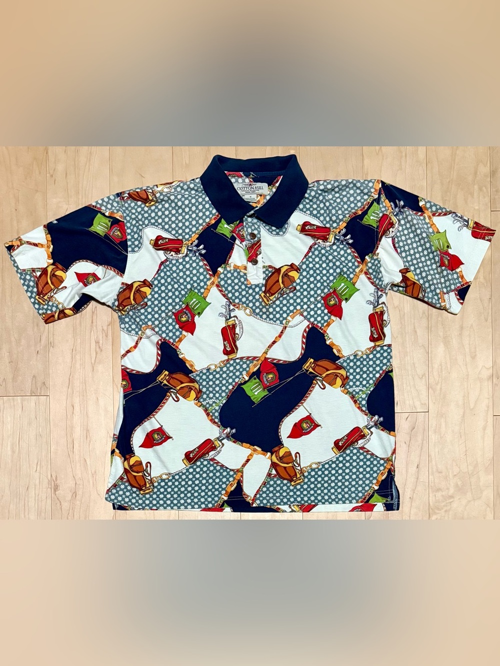 VTG 90s Cotton Mill All Over Print AOP Golf Polo Blue Multicolor Men’s Medium